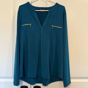 I.N.C Teal V-Neck Long Sleeve Top Zipper Accent XXL NWT